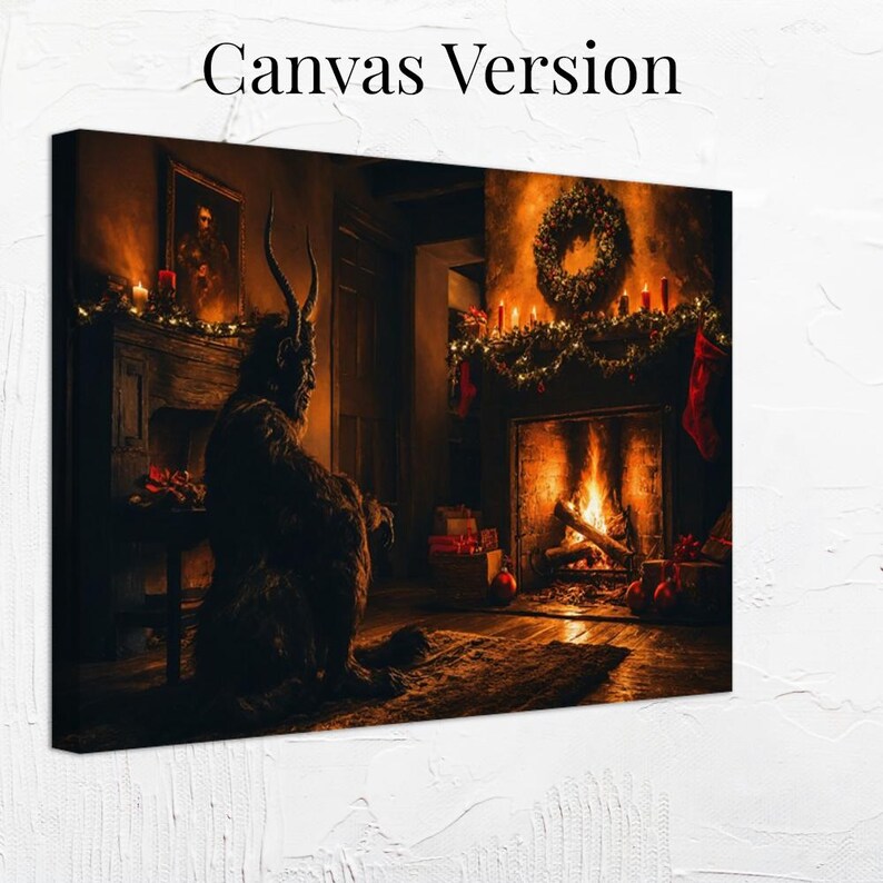Krampus Christmas Wall Art Snowy Scene Cozy Winter Fireplace Holiday Print Rustic Decor Poster Canvas or Framed Gift for Home