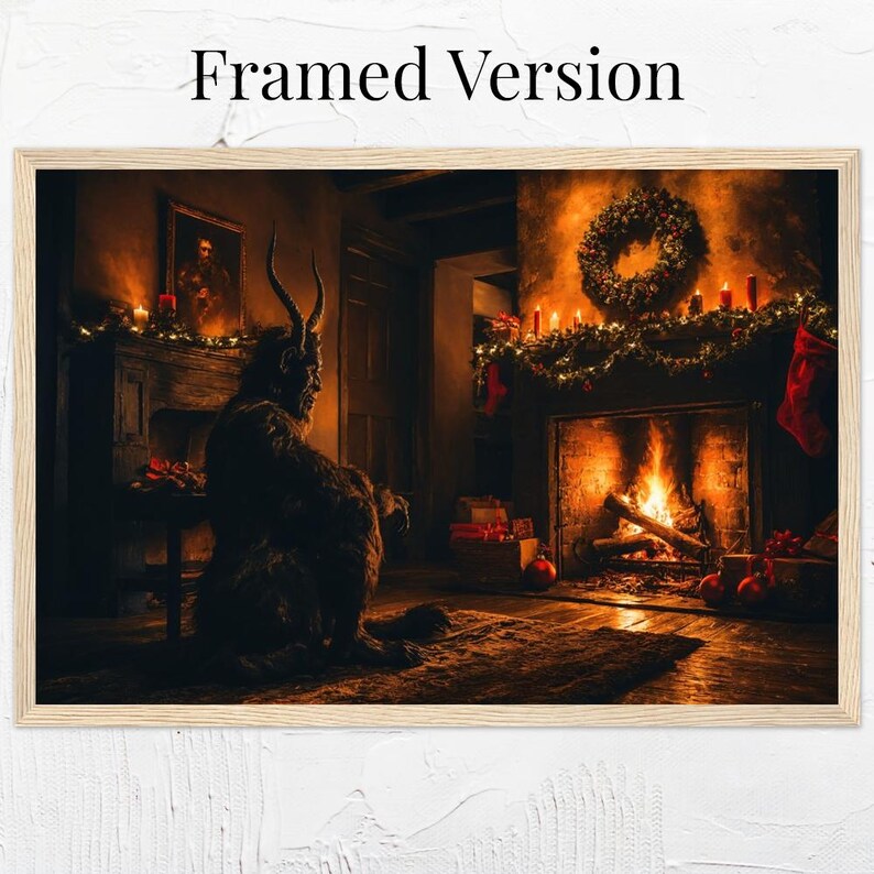 Krampus Christmas Wall Art Snowy Scene Cozy Winter Fireplace Holiday Print Rustic Decor Poster Canvas or Framed Gift for Home