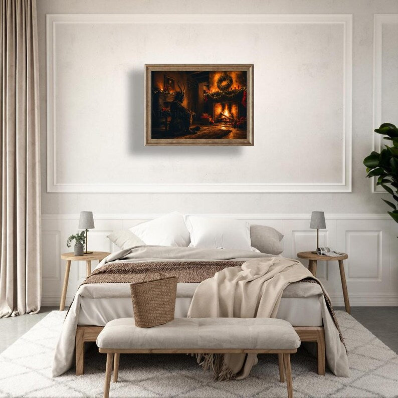 Krampus Christmas Wall Art Snowy Scene Cozy Winter Fireplace Holiday Print Rustic Decor Poster Canvas or Framed Gift for Home