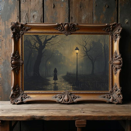 Gothic horror misty path oil painting disturbing dark academia decor Halloween wall art gothic home décor eerie scene