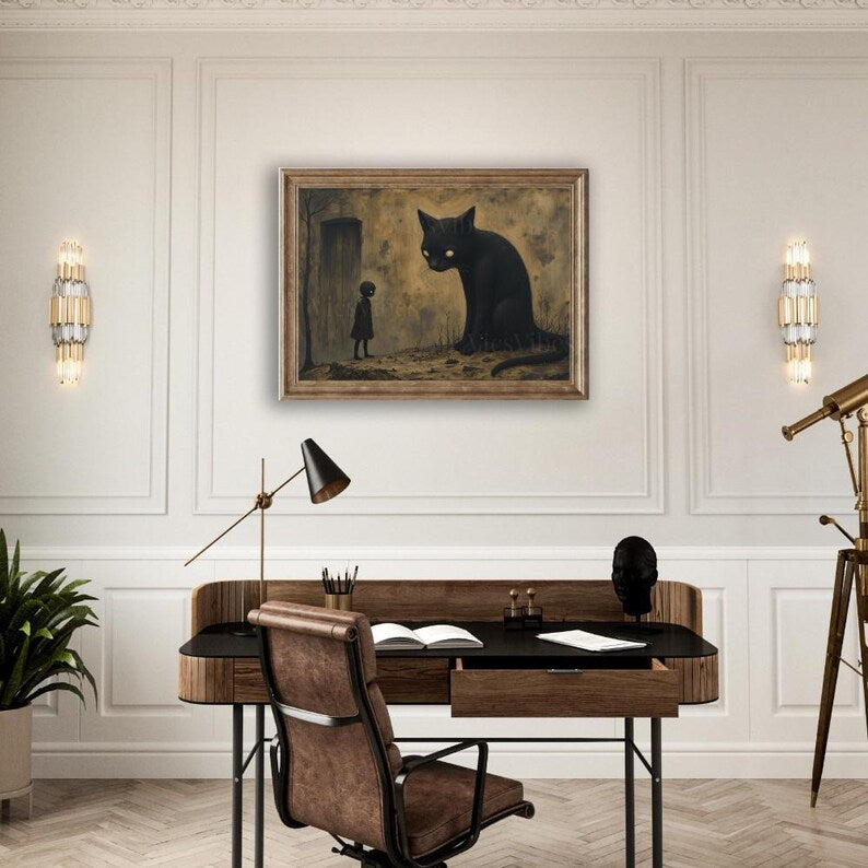 Gothic black cat oil painting disturbing abstract dark academia decor oddities Halloween wall art gothic home décor wall dec