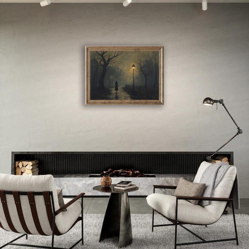 Gothic horror misty path oil painting disturbing dark academia decor Halloween wall art gothic home décor eerie scene