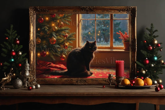 Vintage Cat Canvas Christmas Gift for Cat Lover Oil Painting Framed Print Christmas Décor Wall Art Holiday Decor