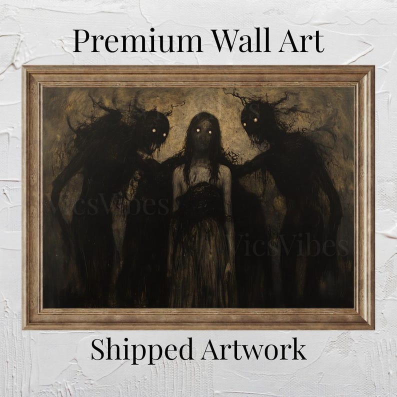 Gothic Vintage Oil Painting Metal Print Canvas Art For Her Shadowy Figures Wall Art Dark Academia Eerie Décor Horror Gifts Moody Creepy Art