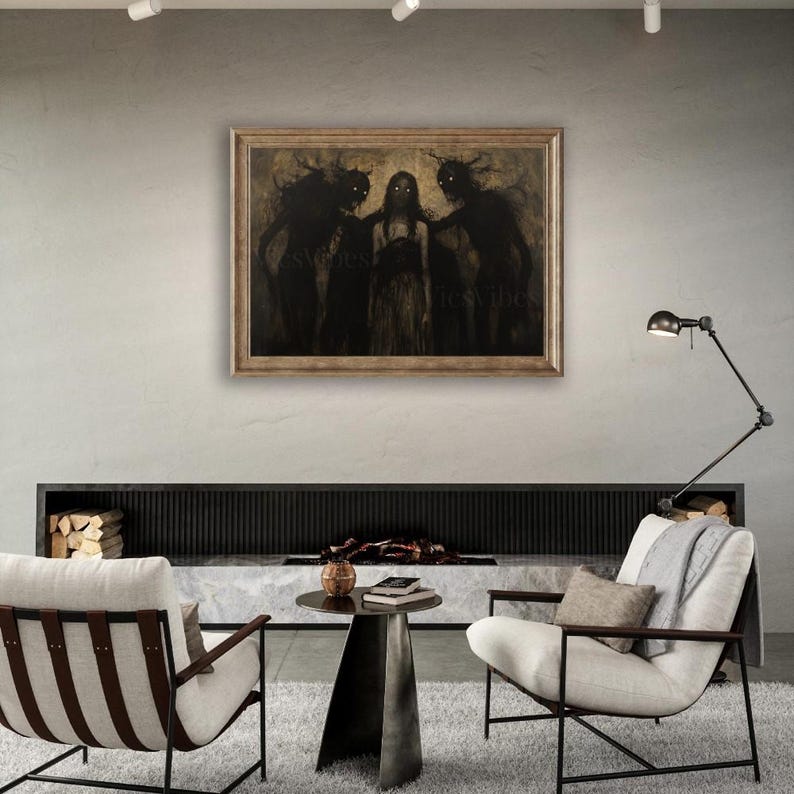 Gothic Vintage Oil Painting Metal Print Canvas Art For Her Shadowy Figures Wall Art Dark Academia Eerie Décor Horror Gifts Moody Creepy Art