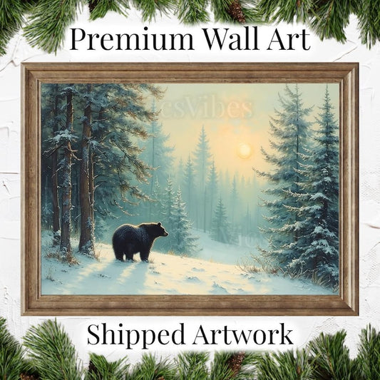 Vintage Bear Wall Art Prints Gifts Winter Framed Canvas Winter Scene Christmas décor Christmas Decoration Snowy Holiday Poster