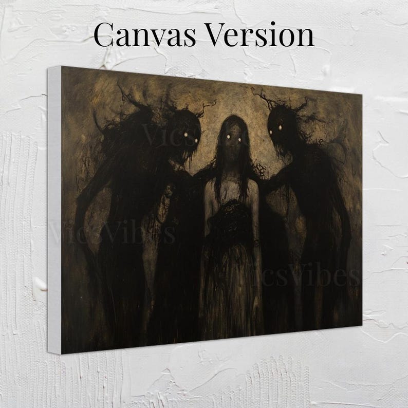 Gothic Vintage Oil Painting Metal Print Canvas Art For Her Shadowy Figures Wall Art Dark Academia Eerie Décor Horror Gifts Moody Creepy Art