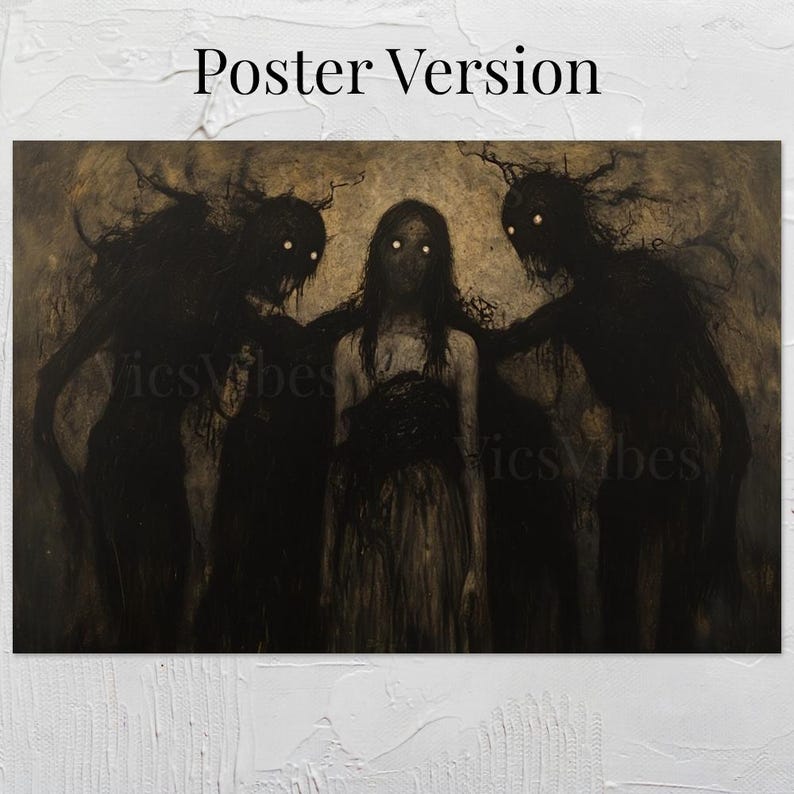 Gothic Vintage Oil Painting Metal Print Canvas Art For Her Shadowy Figures Wall Art Dark Academia Eerie Décor Horror Gifts Moody Creepy Art