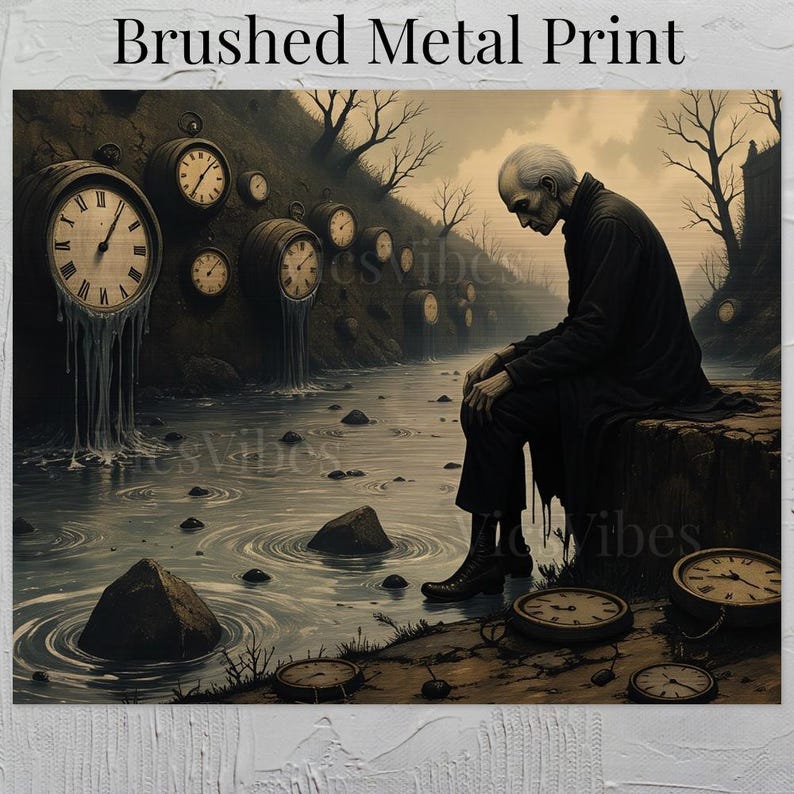 Moody gothic painting framed clock surreal landscape dark academia wall art time-themed post-apocalyptic spooky Thought Provoking artwork