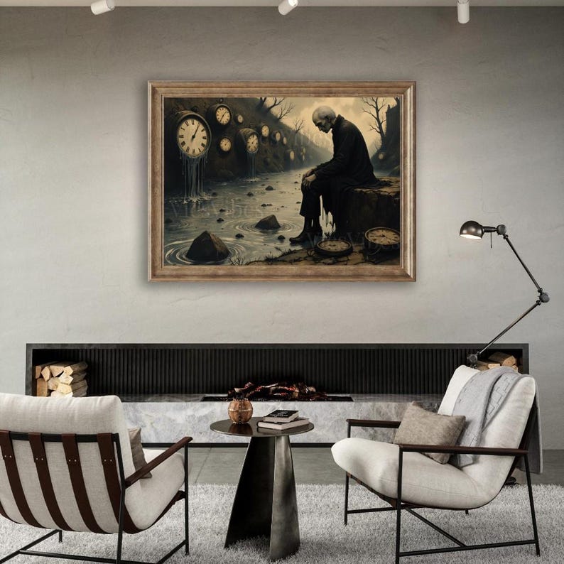 Moody gothic painting framed clock surreal landscape dark academia wall art time-themed post-apocalyptic spooky Thought Provoking artwork