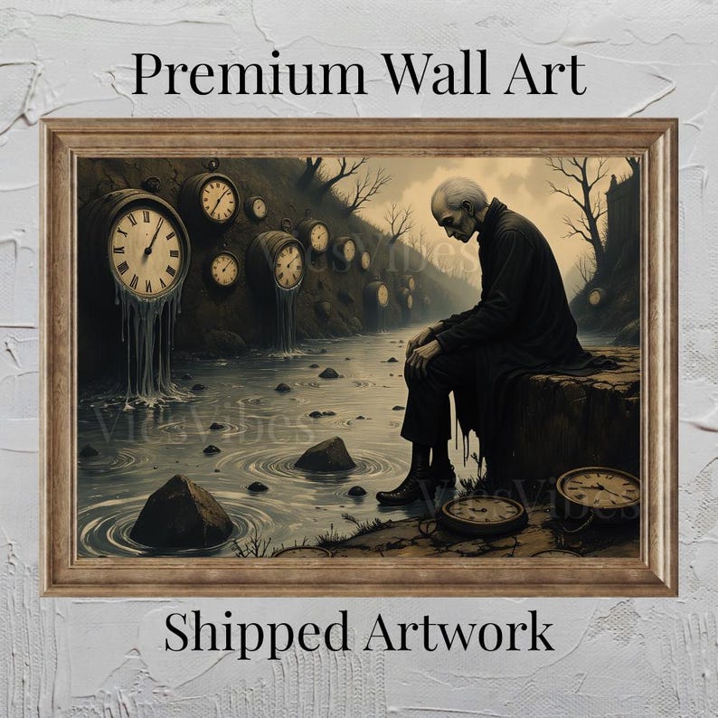 Moody gothic painting framed clock surreal landscape dark academia wall art time-themed post-apocalyptic spooky Thought Provoking artwork