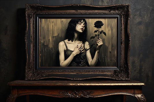 Gothic Vintage Metal Print Oil Painting Gift Surreal Dark Academia Wall Art Moody Decor Gothic Romantic Framed Art Surreal Black Rose