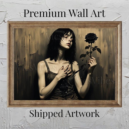 Gothic Vintage Metal Print Oil Painting Gift Surreal Dark Academia Wall Art Moody Decor Gothic Romantic Framed Art Surreal Black Rose