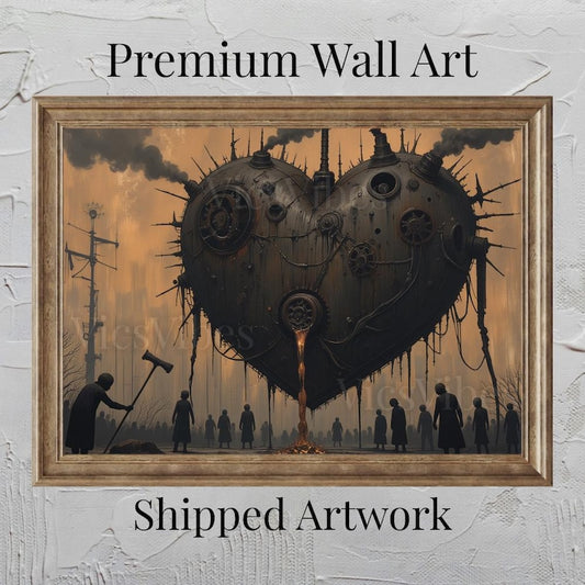 Vintage oil painting gothic industrial heart surreal artwork framed dark academia wall art spooky post-apocalyptic home decor gift