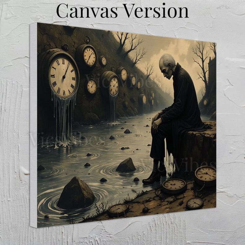 Moody gothic painting framed clock surreal landscape dark academia wall art time-themed post-apocalyptic spooky Thought Provoking artwork