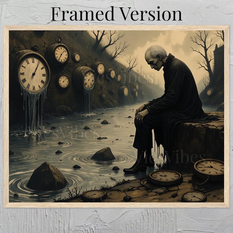 Moody gothic painting framed clock surreal landscape dark academia wall art time-themed post-apocalyptic spooky Thought Provoking artwork