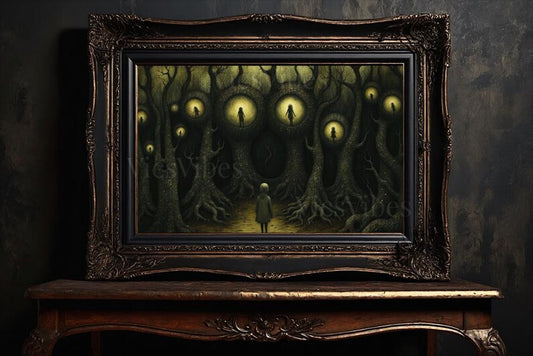 Surreal Dark Academia Metal Print Painting Haunting Figures in Trees Gothic Eerie Landscape Moody Wall Decor Framed Poster Print Artwork