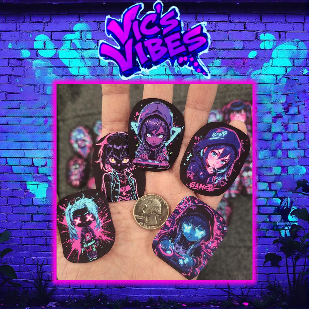 Neon Gamer Girl Stickers Gift for Her Soft Matte Waterproof Cyberpunk Vinyl Sticker Set Personalized Waterproof Decals for Laptop & Gifts