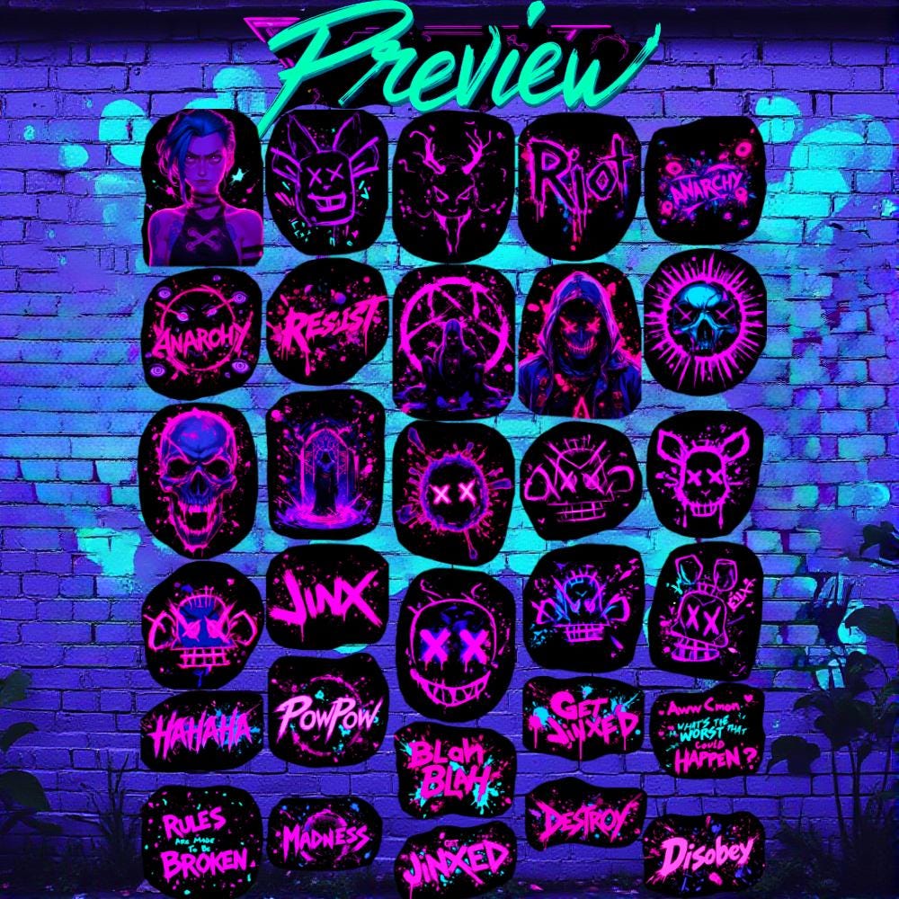 Jinx Neon Graffiti Sticker Pack Arcane Vinyl Stickers Cyberpunk Aesthetic Laptop Sticker Set Gamer Gift Vinyl Decals Soft Matte